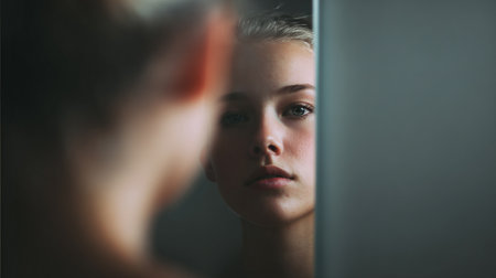 Portrait of young beautiful woman looking in mirror reflection in bathroom.の素材