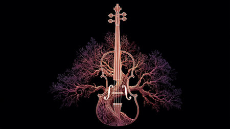 Illustration of a violin with a tree in the background, on a black backgroundの素材