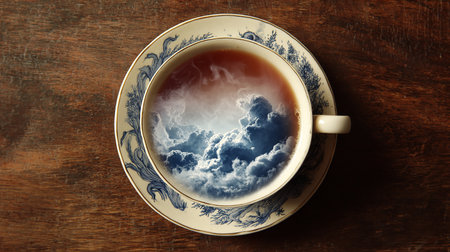 Cup of tea with clouds on wooden background, top view.の素材