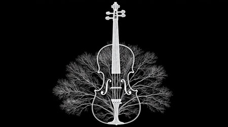 Illustration of a violin surrounded by trees on a black background.の素材