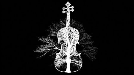 Silhouette of a violin and tree on a black background.の素材