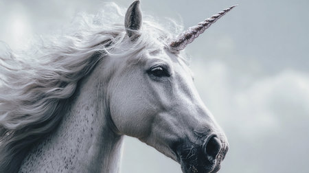 Portrait of a white unicorn with long mane on cloudy sky backgroundの素材