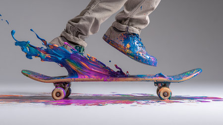 Skateboarder riding on a skateboard with paint splashesの素材