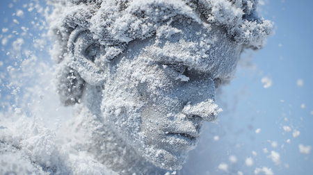 Sculpture of the face of a man covered with snowの素材