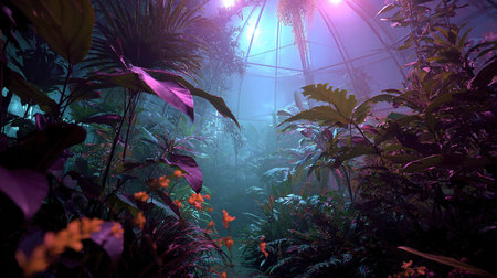 Tropical garden in the mist.3d rendering. Computer digital drawing.の素材