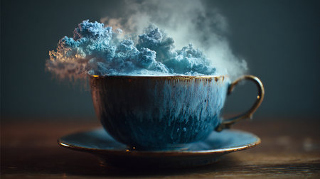 Cup of coffee with steam and blue smoke on wooden table.の素材