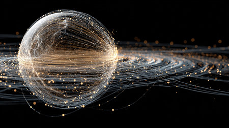 3D illustration of abstract technology digital wireframe sphere with glowing particles. Network concept.の素材
