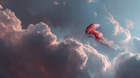 Jellyfish floating in the cloudy sky. 3d illustration.の素材