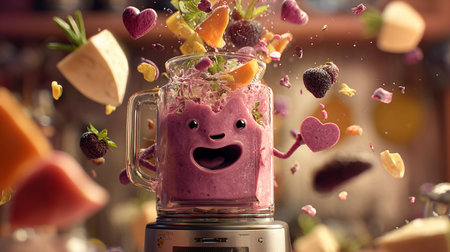 Smoothie in a blender with flying fruits and berries. Blurred background.の素材