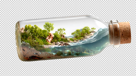 Glass bottle with nature inside isolated on transparent background. 3d illustrationの素材