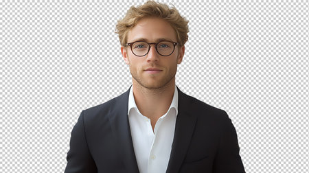 Portrait of handsome young businessman with eyeglasses looking at camera, isolated on transparent backgroundの素材