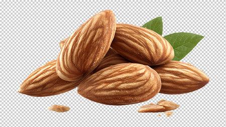 Almond nuts with leaves isolated on transparent background. Realistic 3d vector illustration.の素材