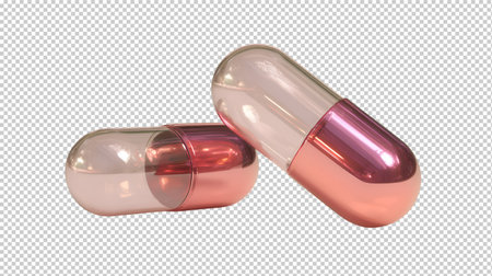 Pills in red and pink colors isolated on transparent background. 3d illustrationの素材