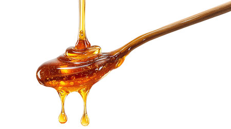 Honey dripping from a wooden honey dipper isolated on white backgroundの素材