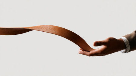 Close-up of male hand holding curved brown paper on white backgroundの素材