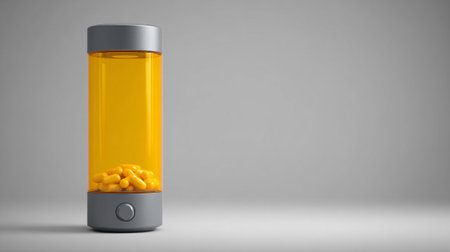 Yellow pills in a bottle on a gray background. 3d renderingの素材