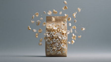 Flying cereal in paper bag on grey background. 3d rendering.の素材