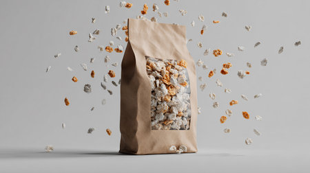 Paper bag full of granola on grey background. 3d renderingの素材