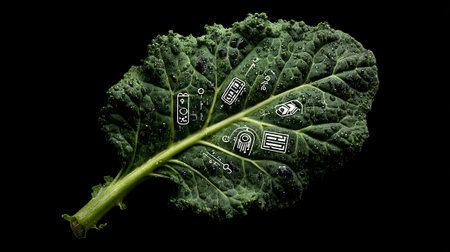 Close up of kale leaf with healthy food concept on black background.の素材
