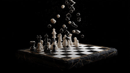 Chess pieces falling into a chessboard on a black background.の素材