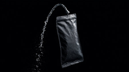Tea bag with water splashes on a black background. Toned.の素材