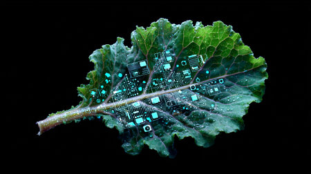 Kale leaf with microchips on a black background, close-upの素材