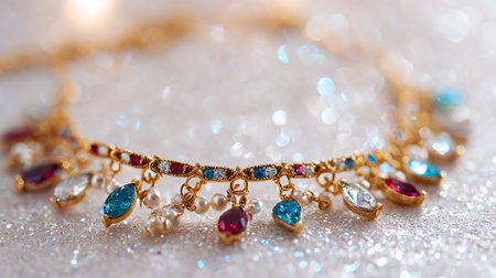 Necklace with precious stones on a light background, close-upの素材