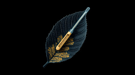 Screwdriver and leaf on black background. 3D illustration.の素材