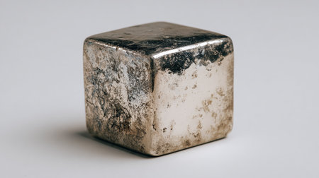 A closeup shot of an old metal cube on a white backgroundの素材