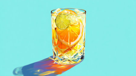Cocktail with orange, lime and ice on a blue backgroundの素材