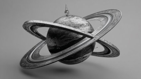 3d illustration of planet in space over gray background with ring.の素材