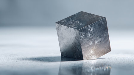 3d render of steel cube on grey background with reflection and copy spaceの素材