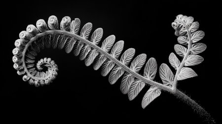 Fern frond on a black background. Monochrome.の素材