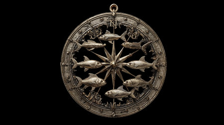 Antique compass with fish on black background, 3d illustration.の素材