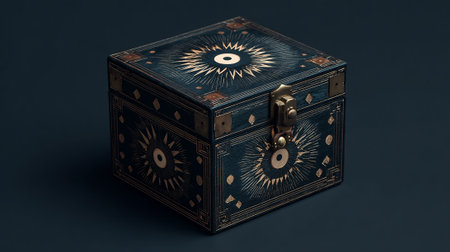 3d rendering of a treasure chest with black and gold pattern.の素材