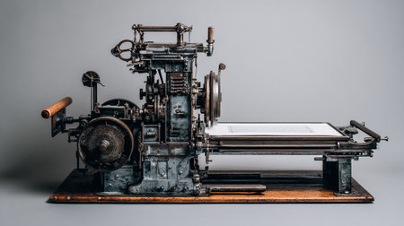 Vintage mechanical typewriter on a gray background. Retro style.の素材
