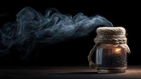 Glass jar with smoke on a wooden table on a black background.の素材