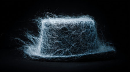 Close up shot of a cobweb on a top hat isolated on black backgroundの素材