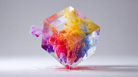 colorful ink in a glass cube on a white background close upの素材