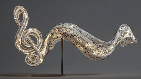 3d rendering of a silver treble clef on a grey backgroundの素材