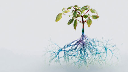 Green sprout with roots on white background. Ecology and environmental conceptの素材