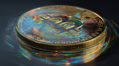 Bitcoin. Digital currency. Physical bit coin. Digital money. Cryptocurrency. Golden coin with bitcoin symbol.の素材