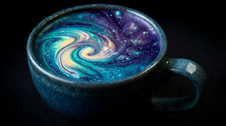 Cup of coffee with abstract pattern on dark background. Toned.の素材