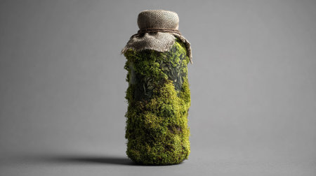 Moss jar isolated on gray background. Green moss in the jar.の素材