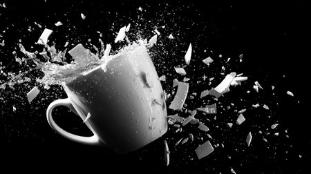 Broken cup of coffee with splashes on a black background.の素材