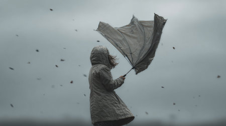 A girl in a raincoat with an umbrella is walking in the rain.の素材