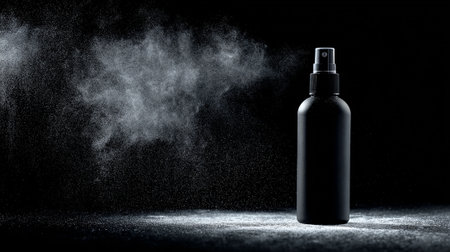 Spray bottle on a black background. Spray can for cosmetics, skincare and body careの素材