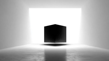 3d rendering of a black cube on a white background with a shadowの素材
