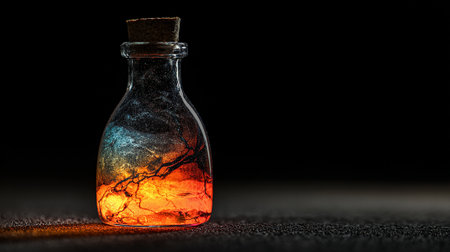 Colorful magic potion in a bottle with cork on black backgroundの素材