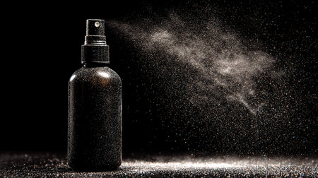 Spray bottle of spray on a black background with dust particles.の素材
